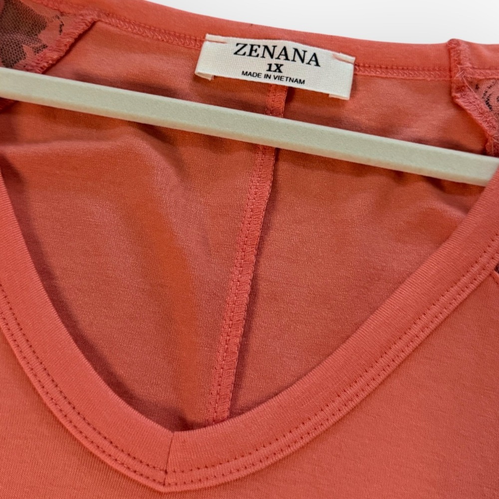 Zenana Lace Sleeve V-Neck Top Coral - Size 1X (NEW) - Picture 4 of 6